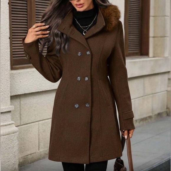 Women's Brown Double-Breasted Coat with Faux Fur Collar - Picture 7 of 7